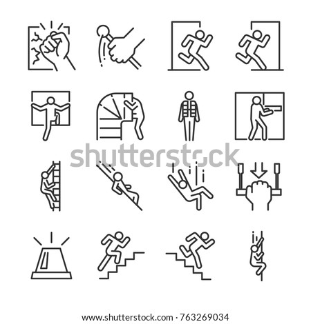 Emergency exit icon set. Included the icons as evacuation, run, escape, alarm, life jacket, chute and more.