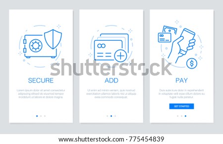 Onboarding payment app screens Modern and simplified vector illustration walkthrough screens. UI template for mobile apps, smart phone or web site banners.