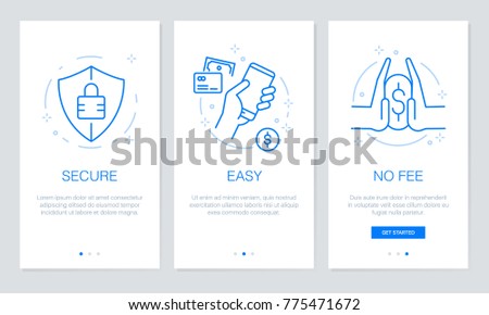 Onboarding payment app screens Modern and simplified vector illustration walkthrough screens. UI template for mobile apps, smart phone or web site banners.