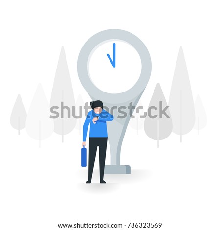 Young man look at his watch and waiting for someone vector illustration with flat design concept. 