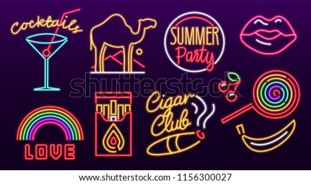 Icon Set of neon sign. Glowing light banner. Night bright signboard. Summer logo, emblem. Club Bar concept on dark background. Editable vector. Cigarette Lollipop Cocktail Rainbow Label  Camel