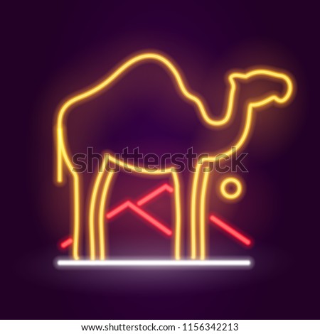Neon Camel Icon sign. Glowing light banner. Night bright signboard. Summer logo, fashion Cigarette emblem. Club Bar concept on dark background. Editable vector.