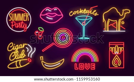Set of fashion neon sign. Glowing light banner. Night bright signboard. Summer logo, emblem. Club Bar concept on dark background. Editable vector. Cigarette Lollipop Cocktail Rainbow Label Love Camel.