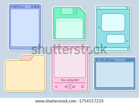 Printable Stickers Set with White Strokes. Form of Folder, Computer Window, Save Icon (Diskette), Music Player, Messenger Dialogue. Colored Frames. Printable Vector for Notes or Diary. Bullet Journal.