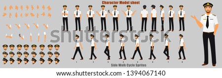 Pilot Character Model sheet with Walk cycle Animation. Flat character design. Front, side, back view animated character. character creation set with various views, face emotions,poses and gestures.