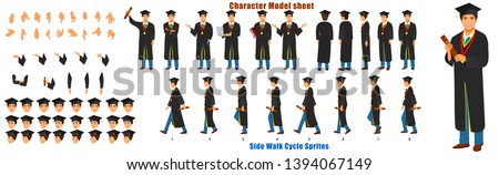 Student Character Model sheet with Walk cycle Animation. Student character design. Front, side, back view animated character. character creation set with various views, face emotions,poses and gesture