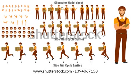 Courier Person Character Model sheet with Walk cycle and Run cycle Animation. Flat character design. Front, side, back view animated character. character creation set with face emotions and gestures.
