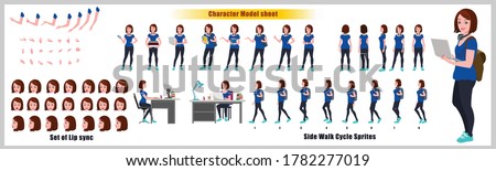 Girl Student Character Design Model Sheet with walk cycle animation. Girl Character design. Front, side, back view and explainer animation poses. Character set with various views and lip sync
