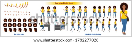 African American Girl Student Character Design Model Sheet with walk cycle animation. Girl Character design. Front, side, back view and explainer animation poses. Character set with lip sync