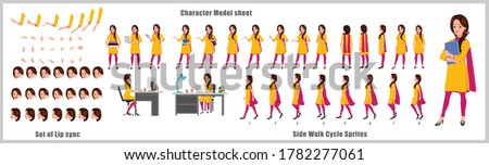 Indian Girl Student Character Design Model Sheet with walk cycle animation. Girl Character design. Front, side, back view and explainer animation poses. Character set with various views and lip sync