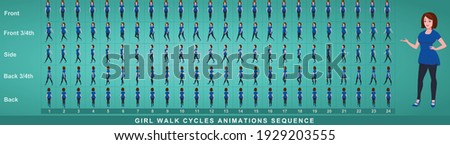 Girl Character Walk Cycle Animation Sequence. Frame by frame animation sprite sheet of  woman walk cycle. Girl walking sequences of Front, side, back, front three fourth and back three fourth.