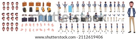 Business Man Character Design Model Sheet. Front, side, back view and explainer animation poses. Character set with lip sync and facial expressions of Happy, angry, sad, and Side walk cycle animation Foto stock © 