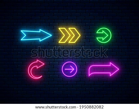 Neon arrow signs collection. Bright arrow pointer symbols on brick wall background. Set of colorful neon arrows, web icons. Banner design, bright advertising signboard elements. Vector illustration.