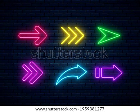 Set of colorful neon arrows, web icons. Neon arrow signs collection. Bright arrow pointer symbols on brick wall background. Banner design, bright advertising signboard elements. Vector illustration.