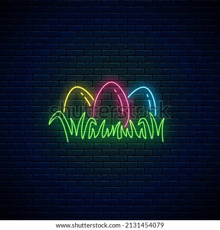 Happy easter glowing signboard with colored eggs on grass in neon style. Neon easter design for web banner. Easter funny greeting banner. Vector illustration.