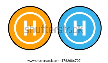 Drone landing pad set in bright orange and blue colours, isolated on white background. High-visibility helipad take-off and landing point icon set for unmanned aerial vehicles. Drone pilot equipment.