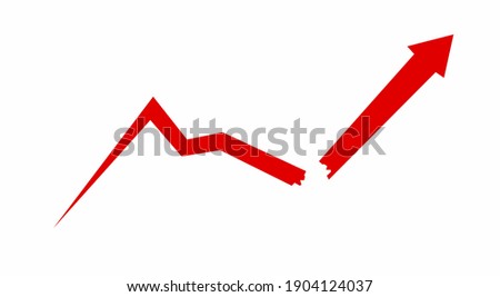 A broken red downward trend arrow, reversed to trend upwards. Symbol of disruption, reversal of losses, stock market manipulation, profit, growth and turnaround.