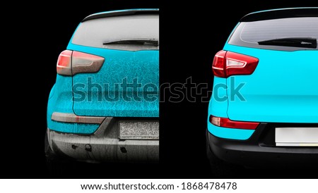 Car wash service before and after washing. Before and after cleaning maintenance. Half divided picture. Before and after effect. Washing blue vehicle at the station. Car washing concept. 