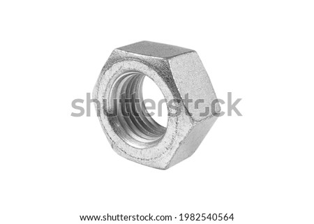Macro shot metal nut isolated on white background. Chromed screw nut isolated. Steel nut isolated. Nuts and bolts. Tools for work.