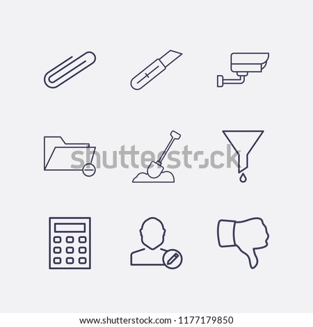 Outline 9 work icon set. stationery knife, filter, edit user, paper clip, security camera, thumb down, calculator, remove folder and shovel in the ground vector illustration