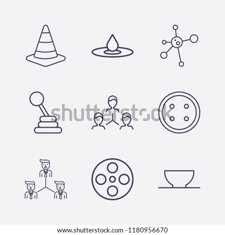 Outline 9 circle icon set. bowl, dress button, movie roll, drop, road traffic, hub and spoke, teamwork and speed shifter vector illustration