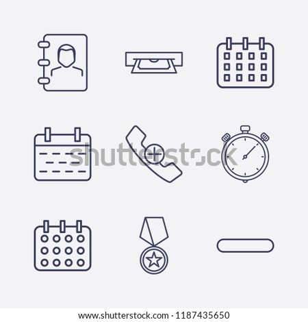 Outline 9 number icon set. minus, handset add, award medal, calendar, stopwatch, phone book and card withdrawal vector illustration