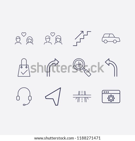 Outline 12 street icon set. lovers, turn right arrow, turn left arrow, location arrow, shopping bag check, zoom, stairs up, car, browser setting, headphone and overpass vector illustration