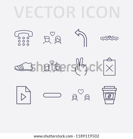 Outline 12 two icon set. coffee cup, turn left arrow, car crash, two fingers, minus, sneaker, clipboard remove, play document, lovers, lesbian and home phone vector illustration