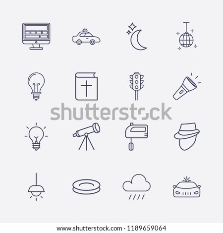 Outline 16 dark icon set. traffic light, chandelier, moon, flashlight, detective, hand mixer, raining, monitor, disco ball, lamp, plate, telescope, bible and police car vector illustration