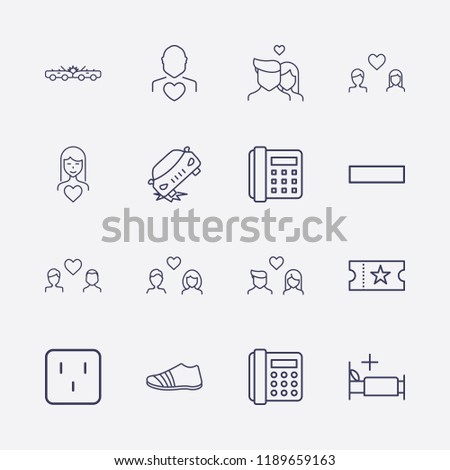 Outline 16 two icon set. sneaker, gay love, woman in love, car crash, medicine bed, home phone, lovers, minus, movie ticket, outlet and man love vector illustration