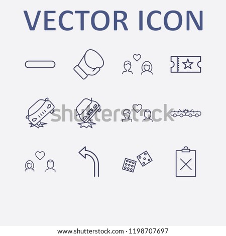 Outline 12 two icon set. car crash, dice, gay love, clipboard remove, boxing glove and minus vector illustration