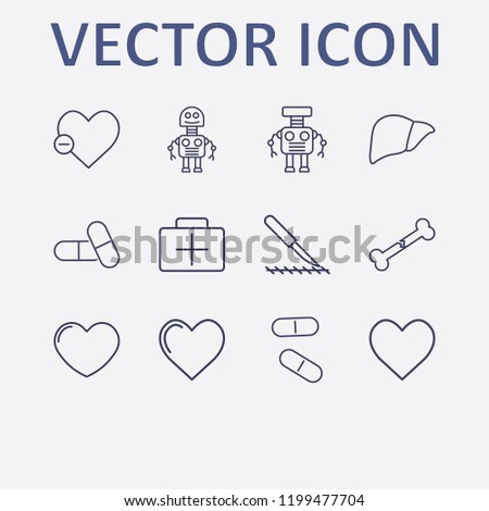 Outline 12 doctor icon set. liver, pill, robot, heart, remove heart and medicine briefcase vector illustration