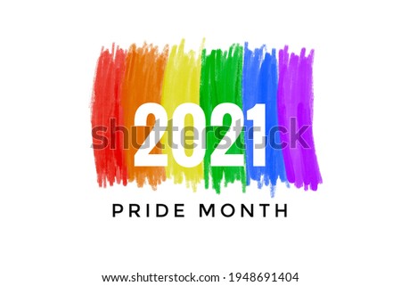 Drawing of rainbow colours with texts '2021 Pride Month', concept for LGBTQ+ community in pride month. Сток-фото © 