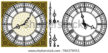 Vector antique old clock with square golden ornament roman baroque style dial numerals and clock hands. Set of antique clock hands. Vector set of tower Big Ben style clock. Gothic Vintage vector watch