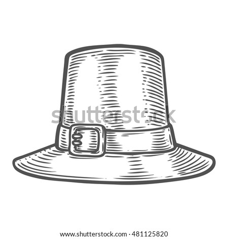 Thanksgiving autumn festival hat. Monochrome vintage engraving sign isolated on white background. Sketch vector hand drawn illustration.