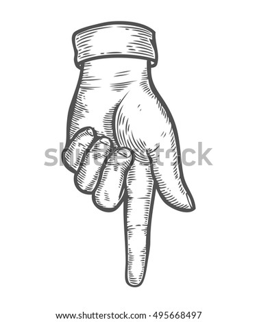 Hand gesture. Pointing down finger. Retro vintage sketch vector illustration. Engraving style. black isolated on white background
