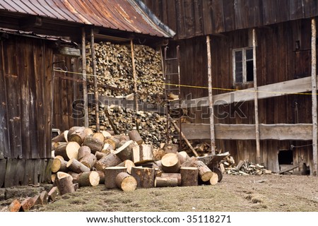 Wood storage near home, visible door window and trunk.