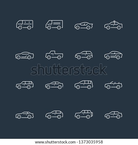 Cars icons. White lines style on dark background.