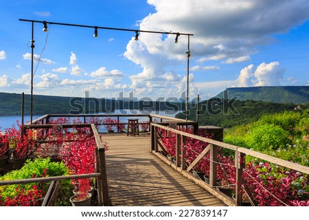 Wood bridge on lake in Lam Takong Dam, Thailand