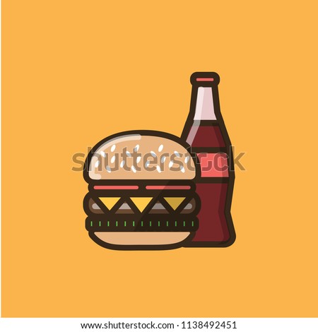 Soda soft drink in a glass bottle and burger sandwich with meet, tomatoes, cheese and salad leaves. Colorful isolated vector icon in flat style with outline for your project