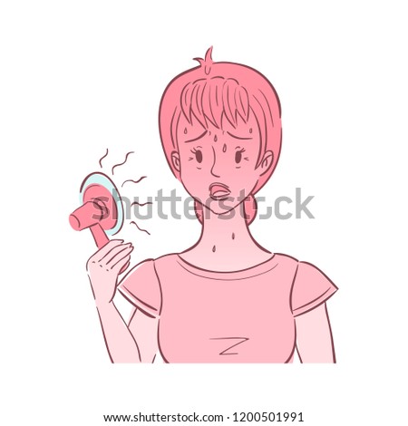 Illustration of unhappy middle aged woman holding a fan. She experienced hot flashes.