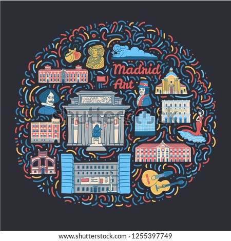 Hand drawn illustration with famous Madrid cultural places such as museums, galleries, monuments, painters, spanish symbols and text. Concept illustration for Spanish art festivals and events.
