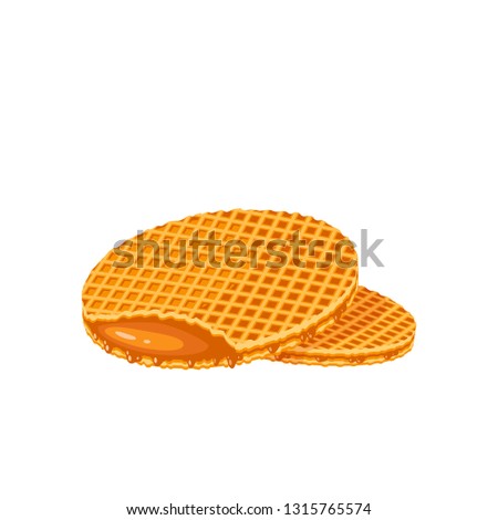 Round waffles filling with caramel. Vector illustration cartoon flat icon isolated on white.