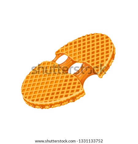 Round waffle filling with caramel. Vector illustration cartoon flat icon isolated on white.