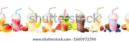 Seamless colorful fruit milkshake set design. Vector illustration cartoon flat icon collection isolated on white.