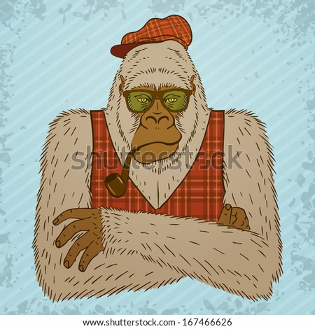 Melancholic Yeti with Smoking Pipe, Tartan Waistcoat and Hat. Vector illustration, eps10.