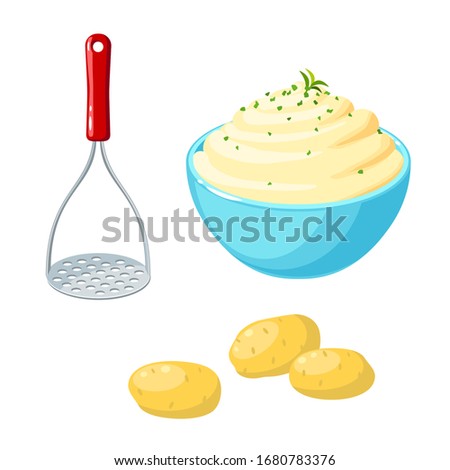 Potato masher, unpeeled tubers and bowl of mashed potatoes. Vector illustration cartoon flat icon isolated on white background.