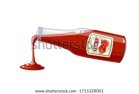 Tomato ketchup bottle pouring sauce, vector illustration cartoon icon isolated on white.