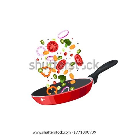 Food preparation. Sliced vegetables in red frying pan. Kitchen utensil. Vector illustration cartoon flat icon isolated on white background.