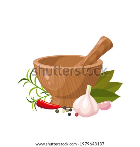 Pounding condiment mixture in wooden mortar with pestle. Vector illustration cartoon flat icon isolated on white background.